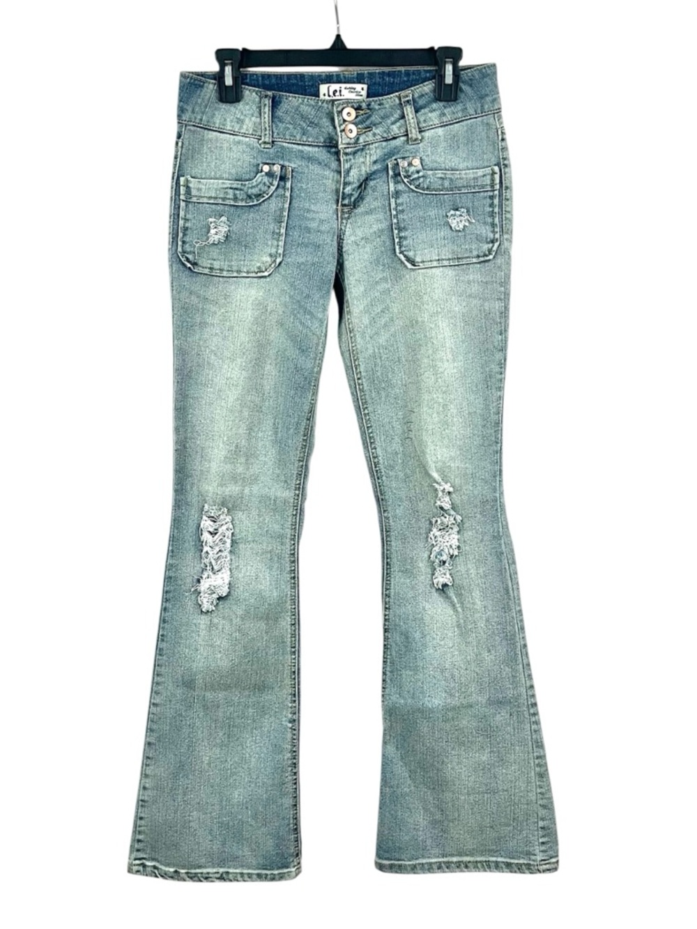 Vintage Y2K Low Rise LEI Distressed Patch Pocket Wide Leg Flare Jeans